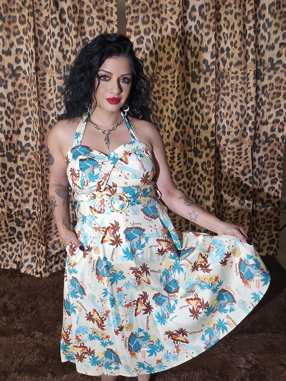 Voodoo Vixen BNWT Tropical Halter Dress in Cream with Teal & Brown Print